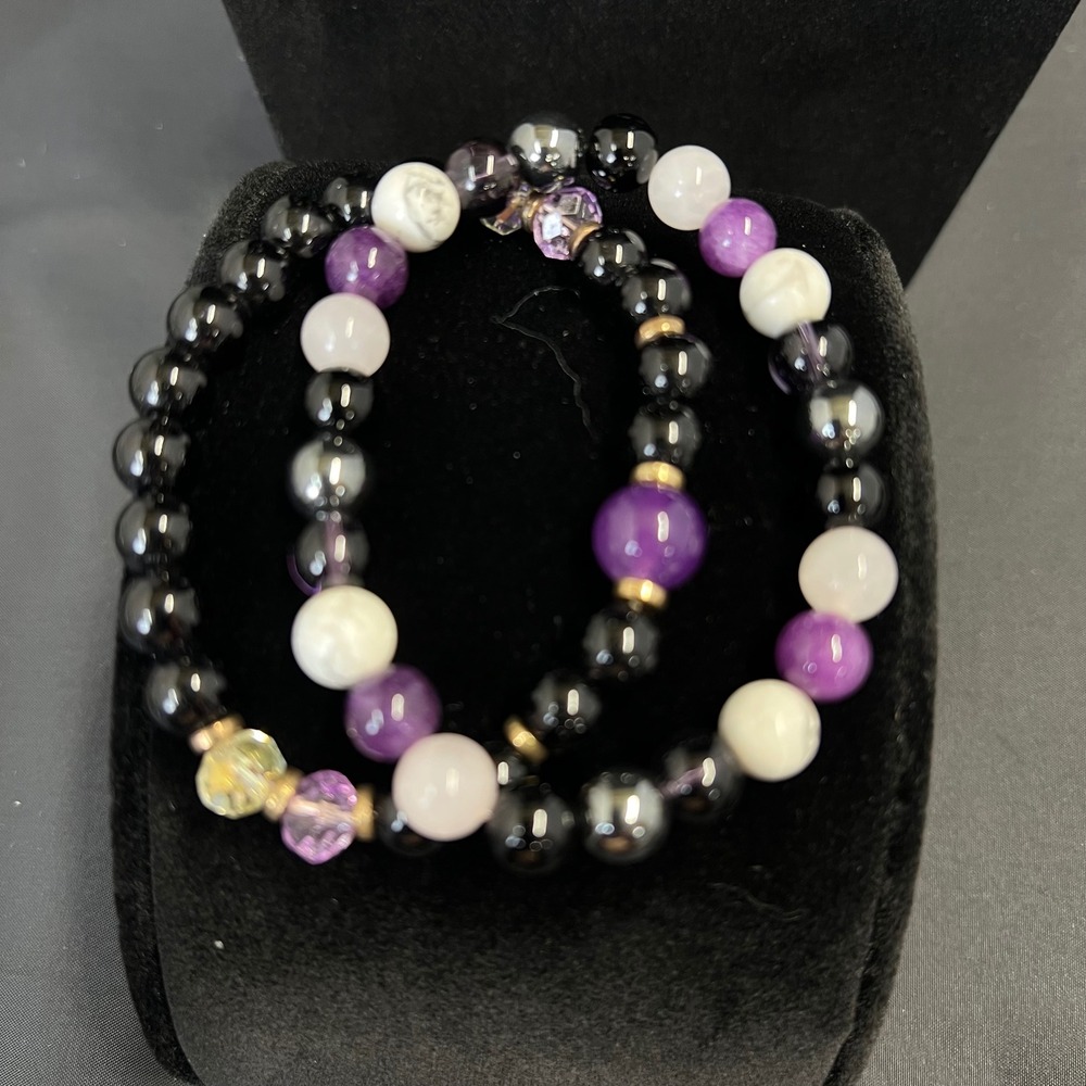 Gothic Set of 2 Glass Bead Stretch Bracelets Gold Tone Accents Mystical Boho